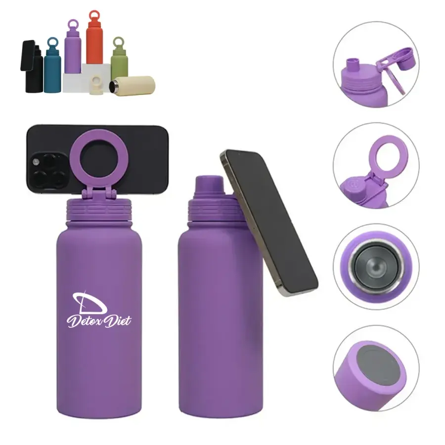 Water Bottle with Magnetic Phone Mount & Sip Straw Lid