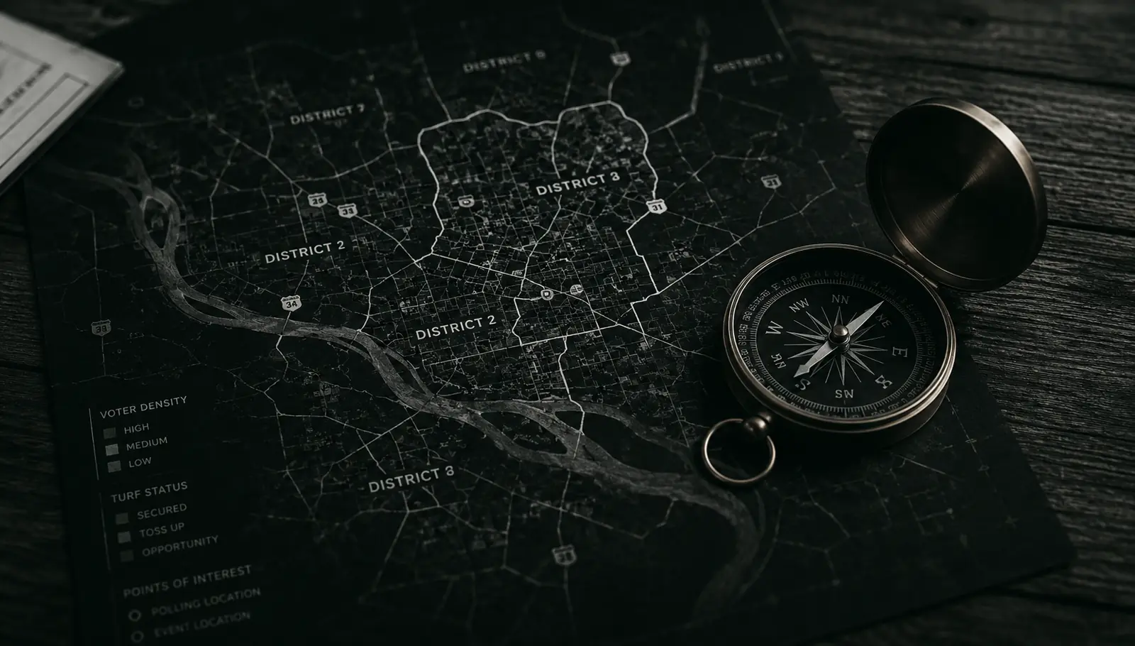 Tactical district map with compass, voter density and turf status legend