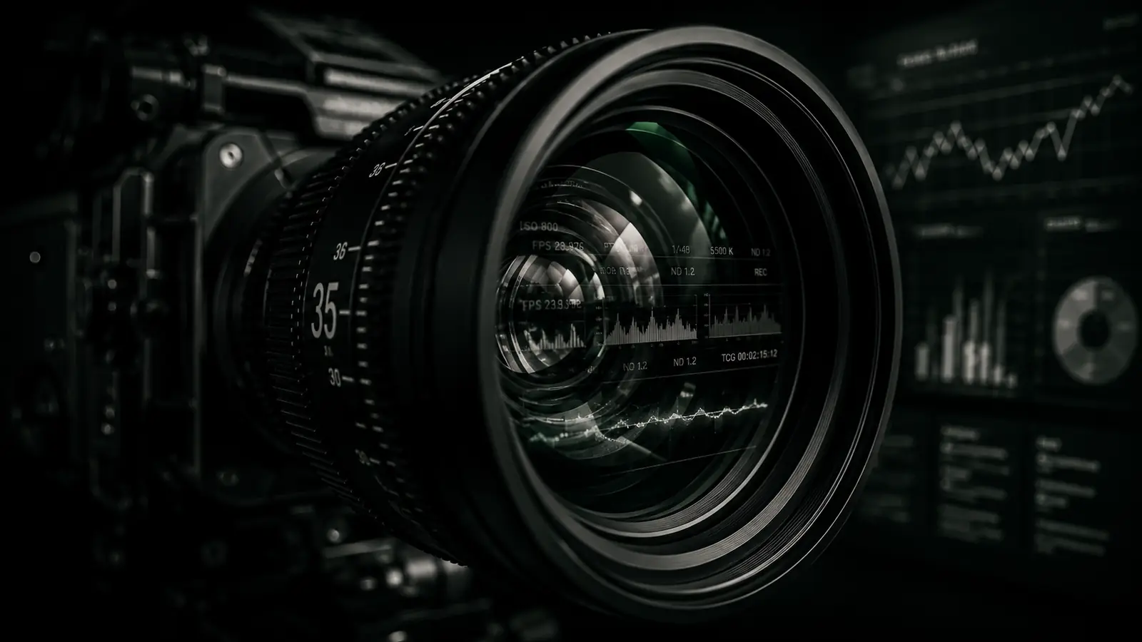 Cinema camera lens with live data and analytics overlay